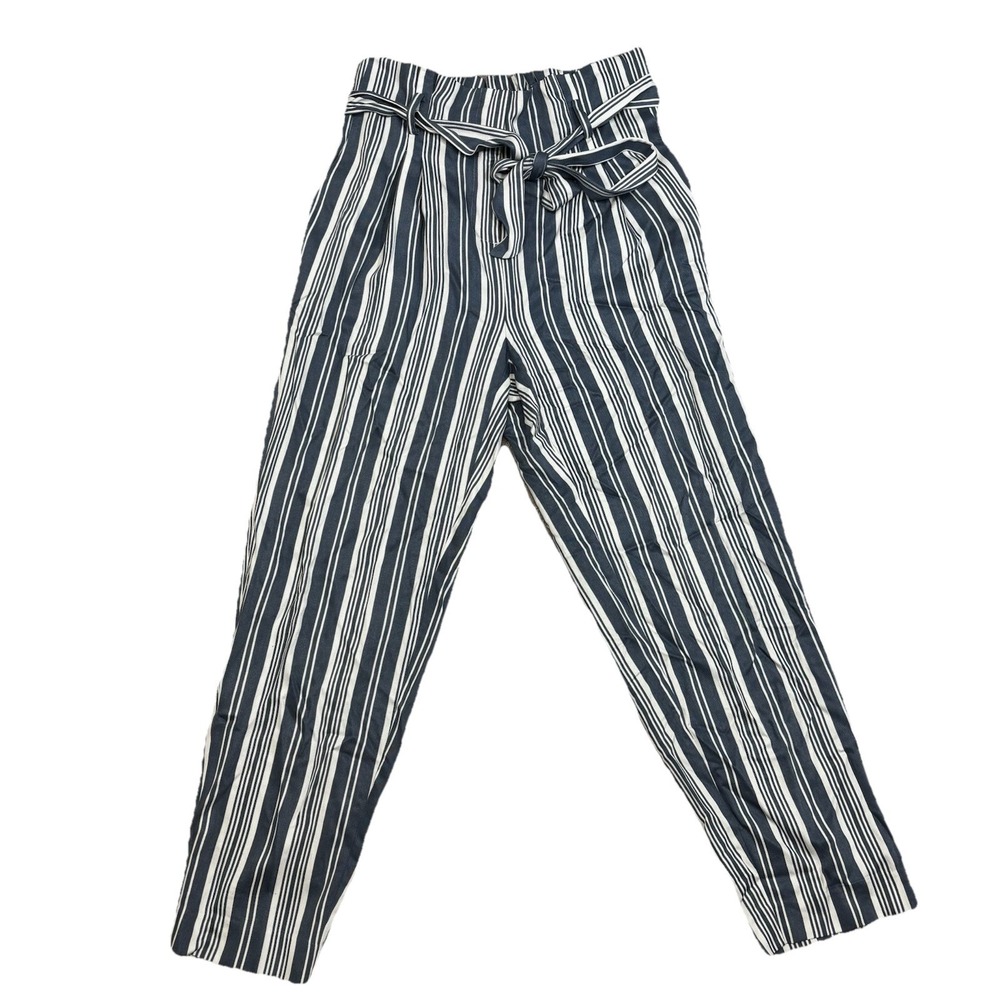 LOFT Pants Woman's MEDIUM Striped Blue White Stripe Paper Bag Belt Tie  NEW NWT